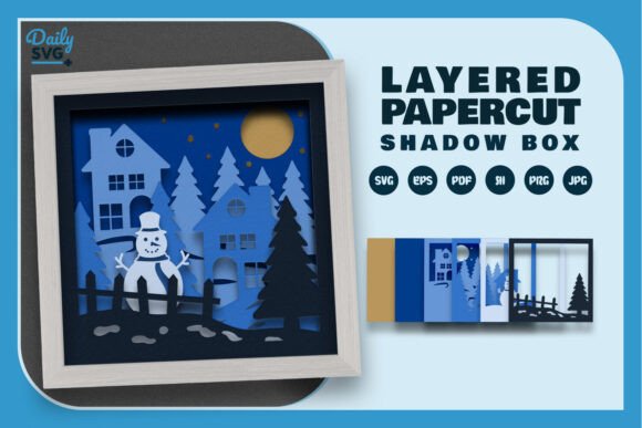 Christmas Night Scene Layered Papercut: 3D SVG for Shadow Boxes