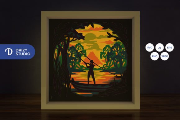 Woman Fishing Scene 3D SVG for Shadow Boxes